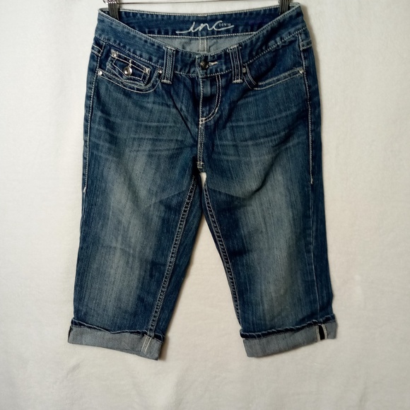 INC capri rhinestone jeans with rolled cuff in medium wash size 4 - Picture 1 of 5
